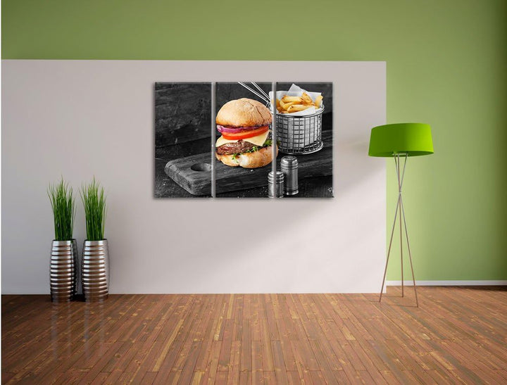Pixxprint Cheesburger mit Pommes als Leinwandbild | Grösse: 3 Teilig (120x80) | Wandbild| Kunstdruck