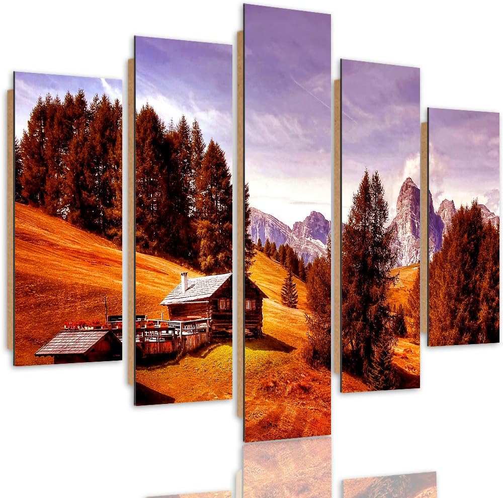 Feeby Wandbild Berge 200x100 cm Deco Panel 5 Teilig XXL Kunstdruck Hütte Bäume rot Deco panel XXL 20