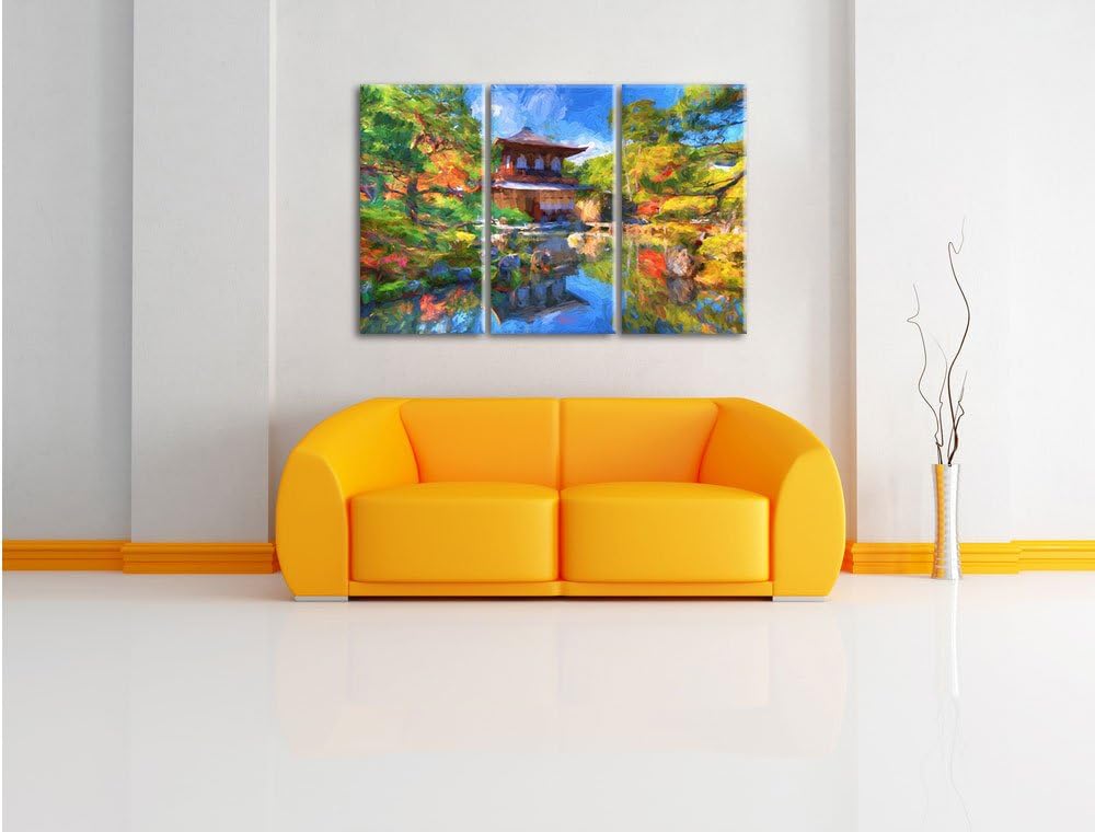 Pixxprint Ginkaku-ji-Tempel in Kyoto Kunst Pinsel Effekt 3-Teiler Leinwandbild 120x80 Bild auf Leinw
