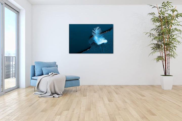 deyoli schöne Feder mit Wassertropfen Format 80x60 Effekt: Monocrome Blau als Leinwandbild, Motiv fe