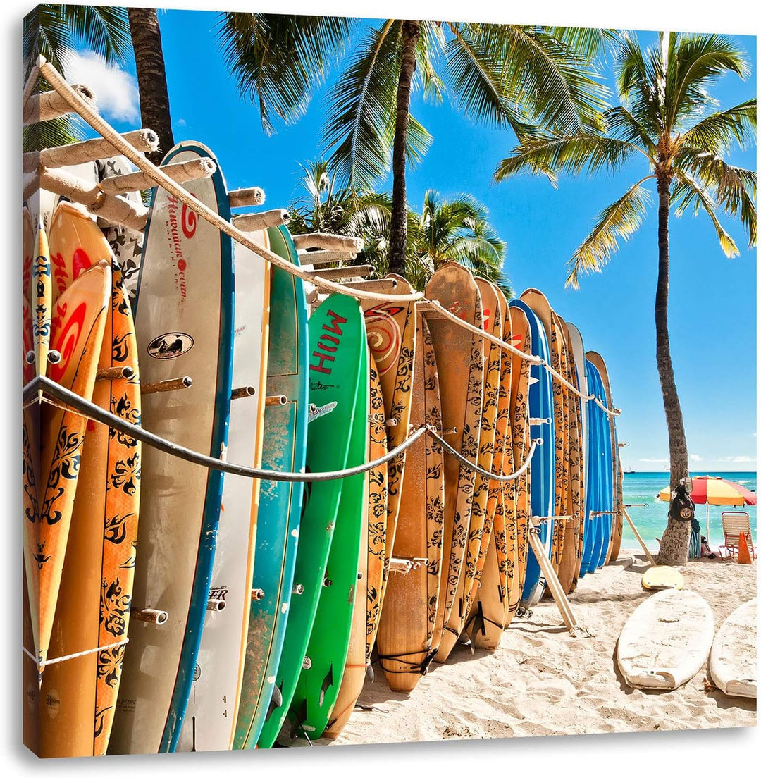 Surfboards am Strand, Format: 70x70 auf Leinwand, XXL riesige Bilder fertig gerahmt mit Keilrahmen,
