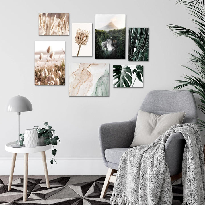 Novart Wandbilder Boho Natur - KOMPLETT AUFHÄNGFERTIG - Beige Grün Wohnzimmer Schlafzimmer- 7 Modern