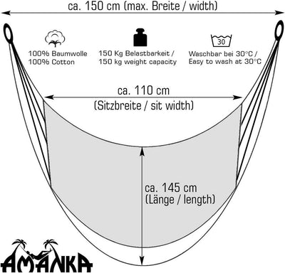 AMANKA Sitz-Hängematte 110x145cm Hängesessel bis 150kg Reise Hängestuhl Garten Hängeschaukel Outdoor