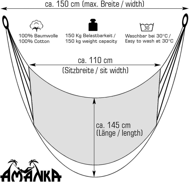 AMANKA Sitz-Hängematte 110x145cm Hängesessel bis 150kg Reise Hängestuhl Garten Hängeschaukel Outdoor