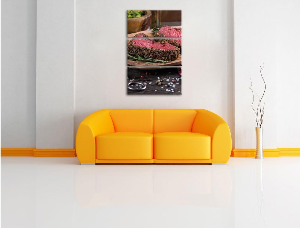 Pixxprint Leckeres Steak als Leinwandbild - Grösse: 3-Teilig (120x80cm) - Wandbild - Kunstdruck - fe