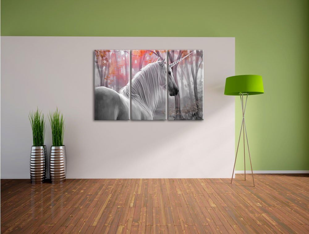 Pixxprint Einsames Einhorn im Wald als Leinwandbild/Grösse: 3 Teilig (120x80 cm) cm/Wandbild/Kunstdr