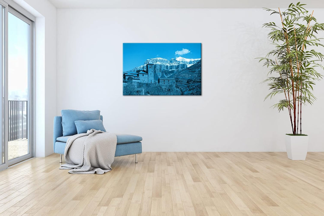 Burg in den Pyrenäen Format 80x60 Effekt: Monocrome Blau als Leinwandbild, Motiv fertig gerahmt auf