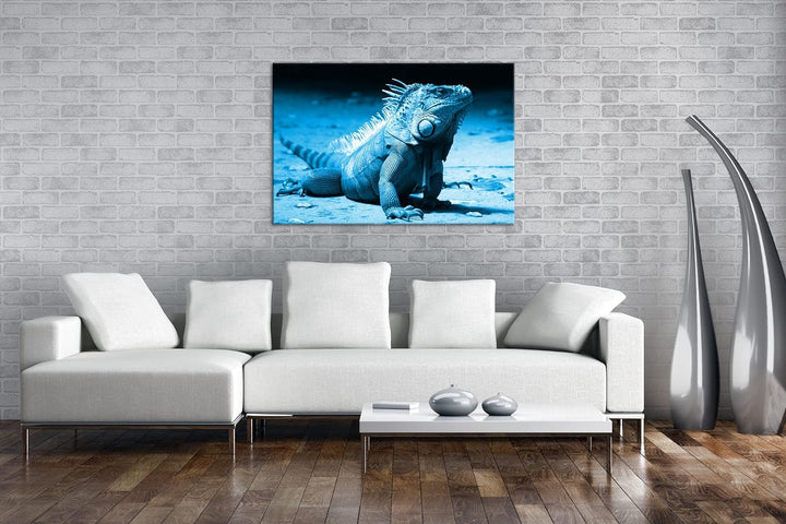 deyoli edler grüner Leguan Format: 80x60 Effekt: Monocrome Blau als Leinwand, Motiv fertig gerahmt a