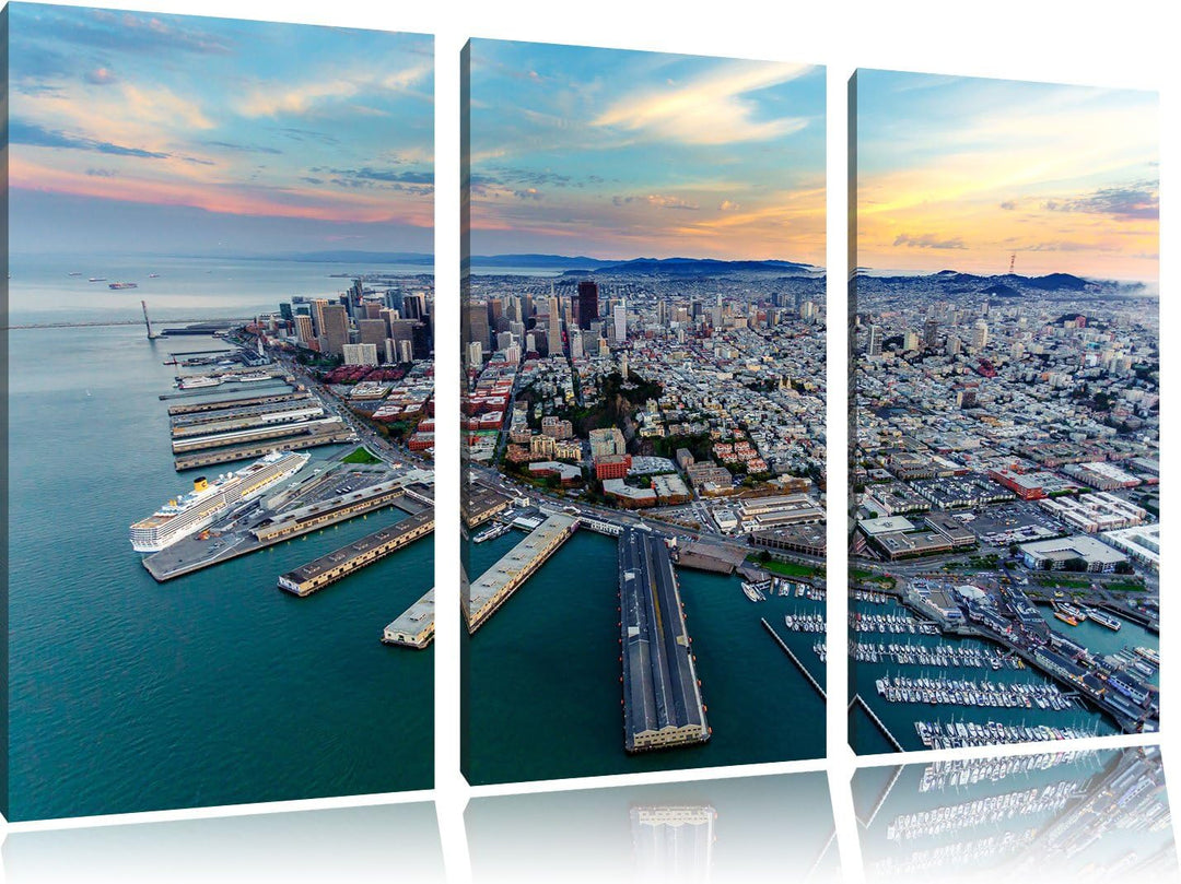 Pixxprint San Francisco bei Sonnenuntergang als Leinwandbild | Grösse: 3 Teilig (120x80) | Wandbild|