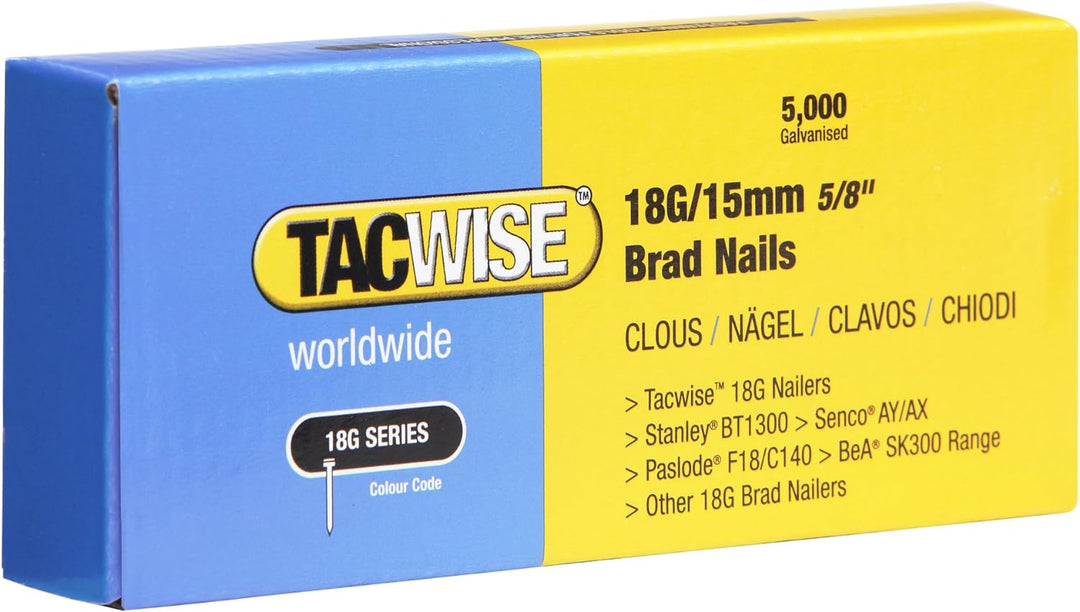 TACWISE 0394 Stauchkopfnägel Brad Typ 18G / 15 mm, verzinkt, Silber & 0396 Stauchkopfnägel Brad Typ