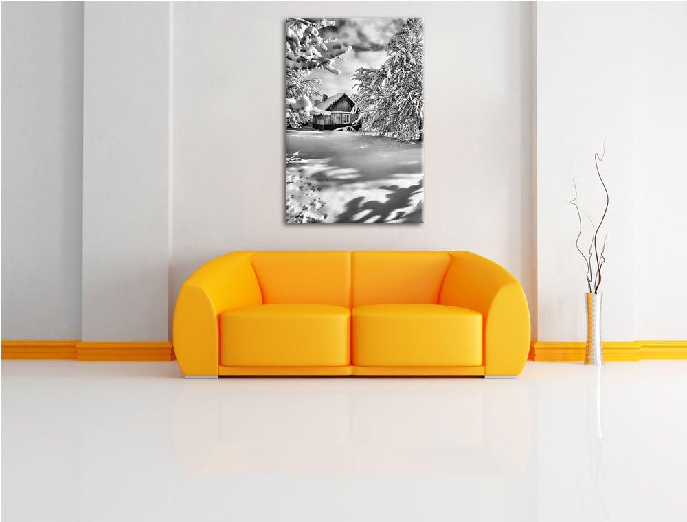Pixxprint Monocrome, Winterlandschaft mit Hütte, Format: 100x70 auf Leinwand, 100x70