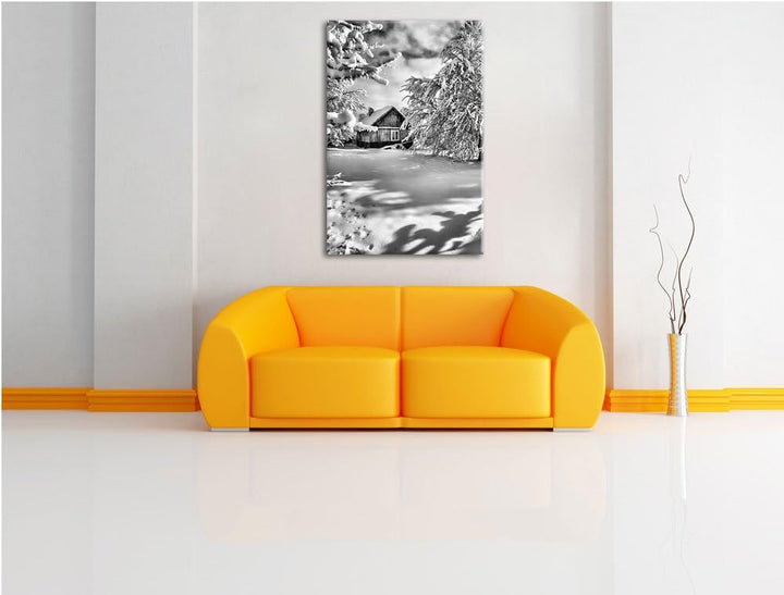 Pixxprint Monocrome, Winterlandschaft mit Hütte, Format: 100x70 auf Leinwand, 100x70