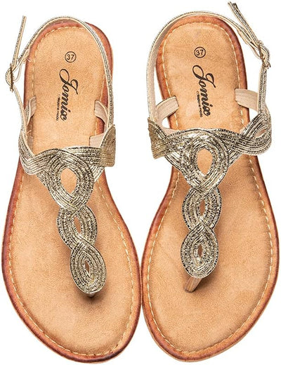 JOMIX Sommer Sandalen Damen Flache Zehentrenner Römersandalen Elegante Flip Flops Weiche Fussbett St