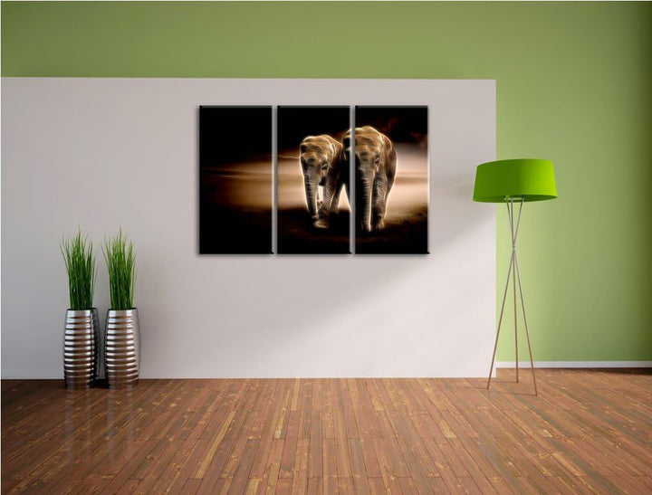 Dark Zwei stolze Elefanten in Steppe Spezial 3-Teiler Leinwandbild 120x80 Bild auf Leinwand, XXL rie