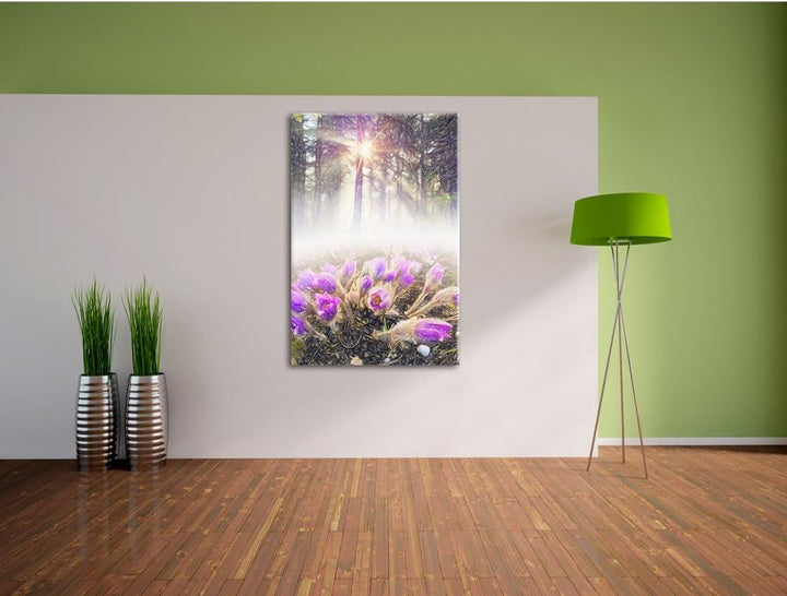 Pixxprint blühende lila Blumen im Wald Kunst Buntstift Effekt, Format: 100x70 auf Leinwand, 100x70