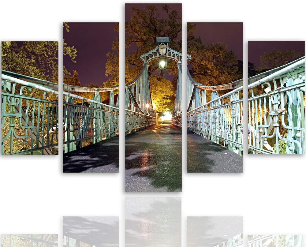 Feeby Wanddeko XXL Brücke Leinwandbild 5 Teilig Architektur Abend Lichter grün 100x70 cm Leinwandbil