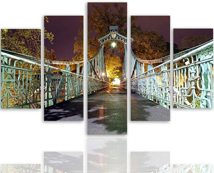 Feeby Wanddeko XXL Brücke Leinwandbild 5 Teilig Architektur Abend Lichter grün 100x70 cm Leinwandbil