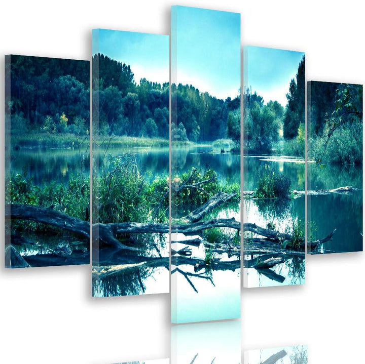 Bilder Natur 200x100 cm - Leinwandbild 5 Teilig XXL Kunstdruck Wald See blau Leinwandbild XXL 200x10