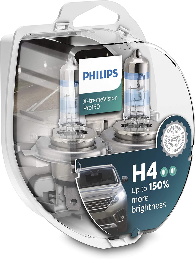 Philips Halogen, X-tremeVision Pro150 H4 Scheinwerferlampe +150%, Doppelset, 567028, Twin box, Weiss