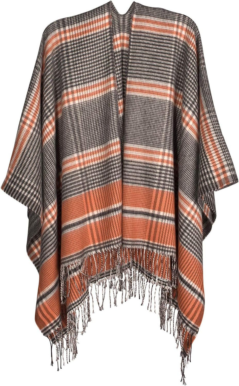 styleBREAKER Damen Cape mit Glencheck Karo Muster und Fransen, Umhang, Poncho, Damen 08010058, Farbe