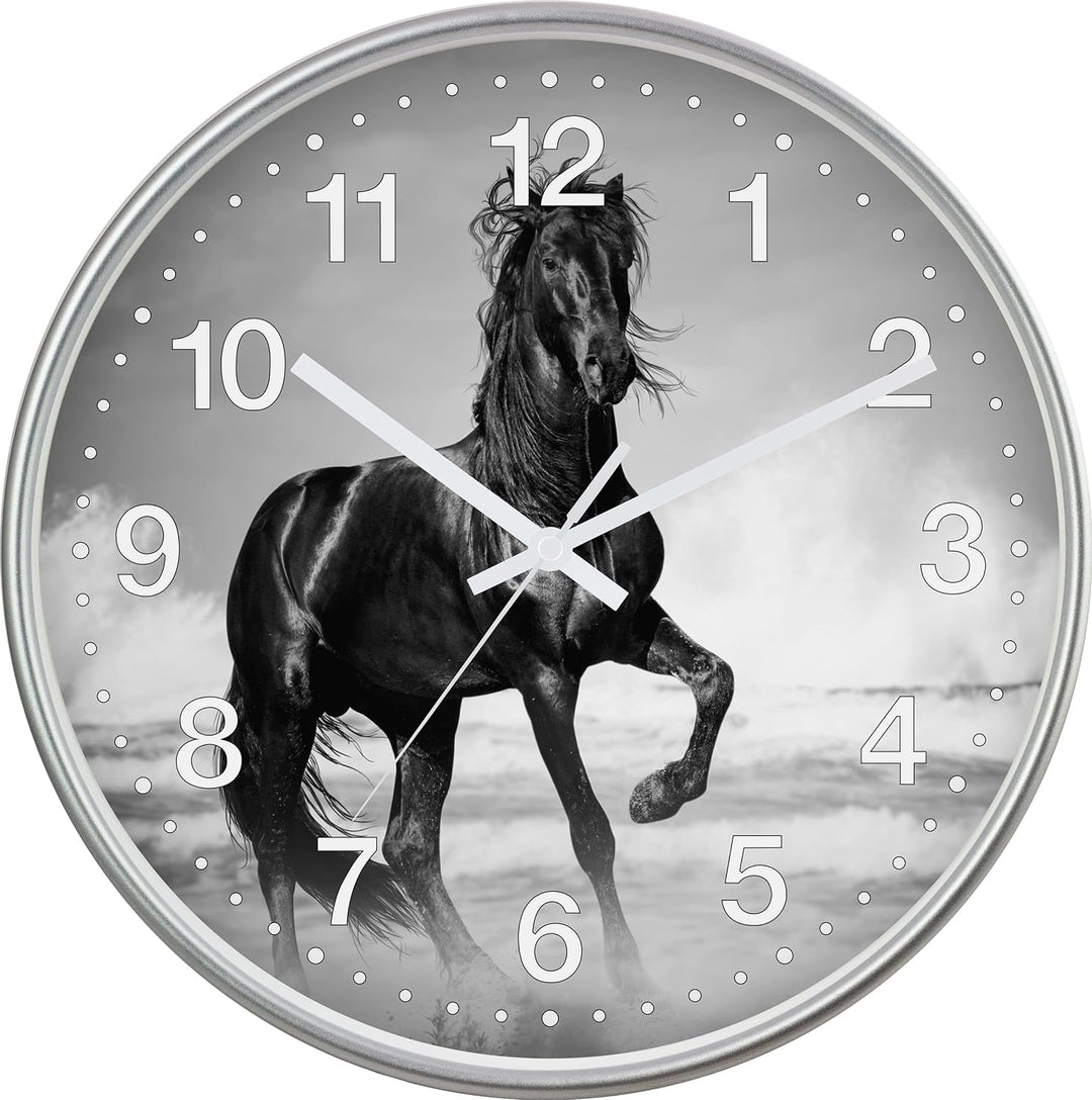 Eurotime Quarzwanduhr, 30 cm, Kunststoffgehäuse Silber, Echtglasabdeckung, klares 12-Zahlen Zifferbl