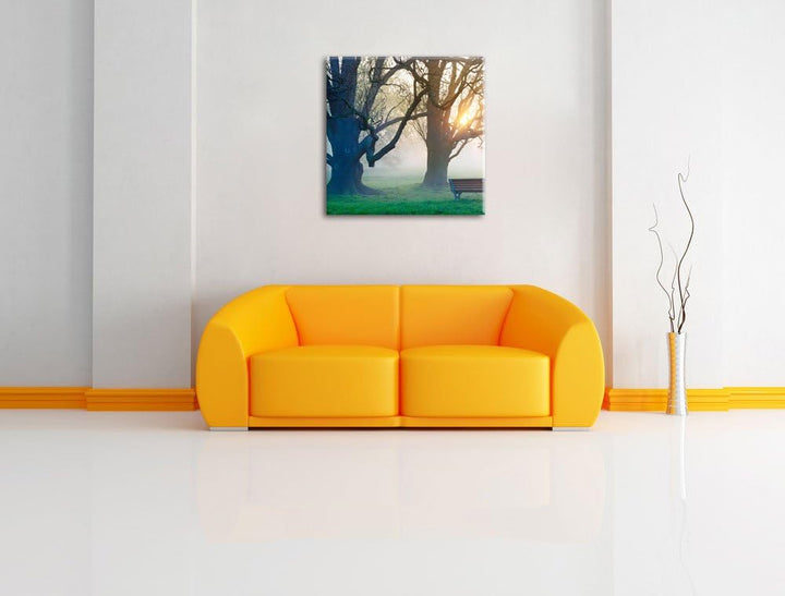 Baum und Bank im Nebel, Format: 70x70 auf Leinwand, XXL riesige Bilder fertig gerahmt mit Keilrahmen