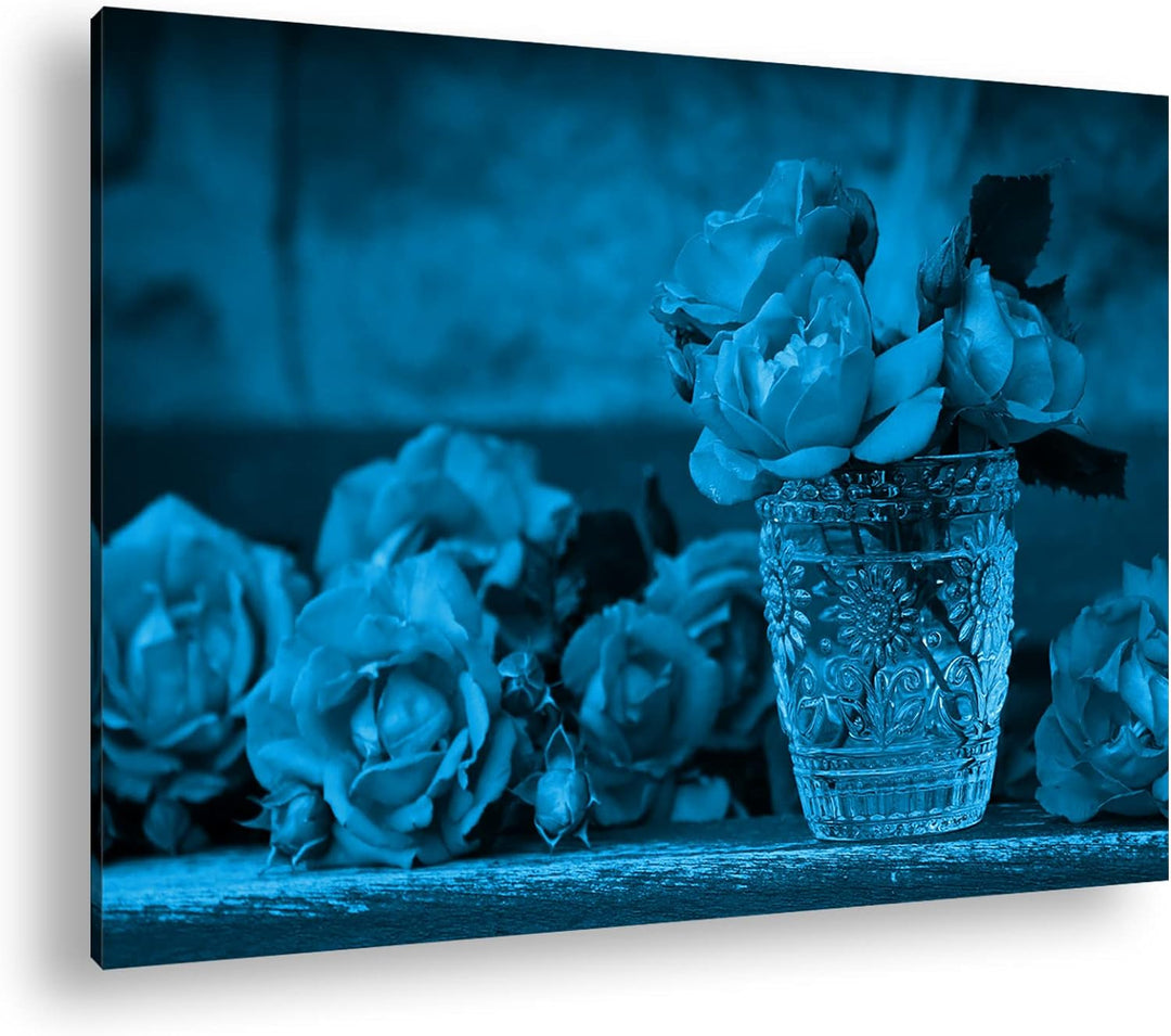 deyoli Glas voller Rosen Format 80x60 Effekt: Monocrome Blau als Leinwandbild, Motiv fertig gerahmt