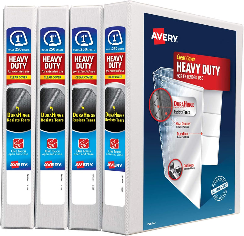 Avery Heavy Duty View 3 Ring Binder, 1" One Touch Slant Ring, Holds 8.5" x 11" Paper, 4 White Binder
