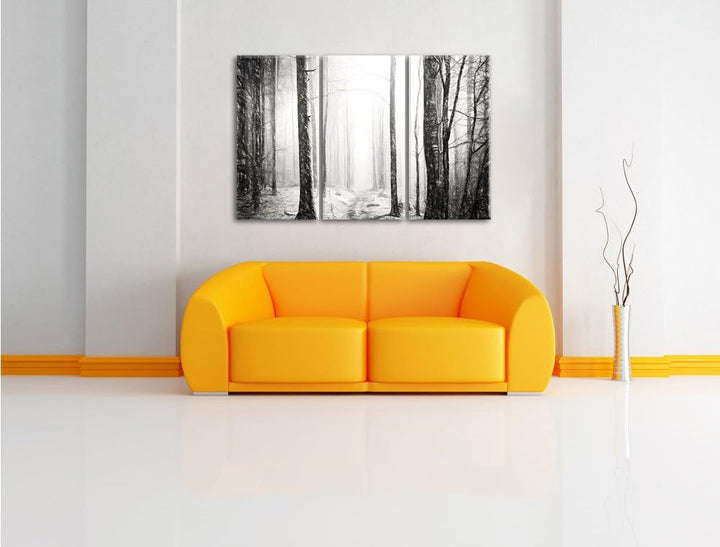 Pixxprint Mystischer Wald Kohle Zeichnung Effekt 3-Teiler Leinwandbild 120x80 Bild auf Leinwand