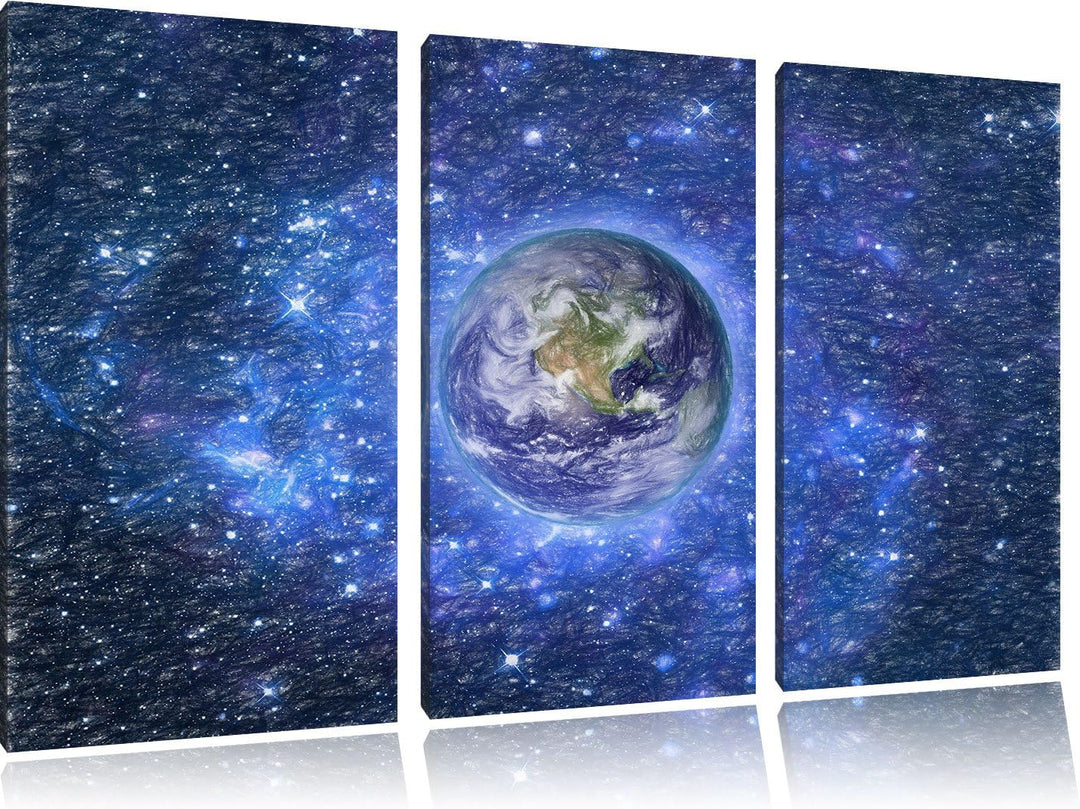 Pixxprint Planet Erde im Weltraum / 3-Teilig/Gesamtmass 120cm Leinwandbild bespannt auf Holzrahmen/W