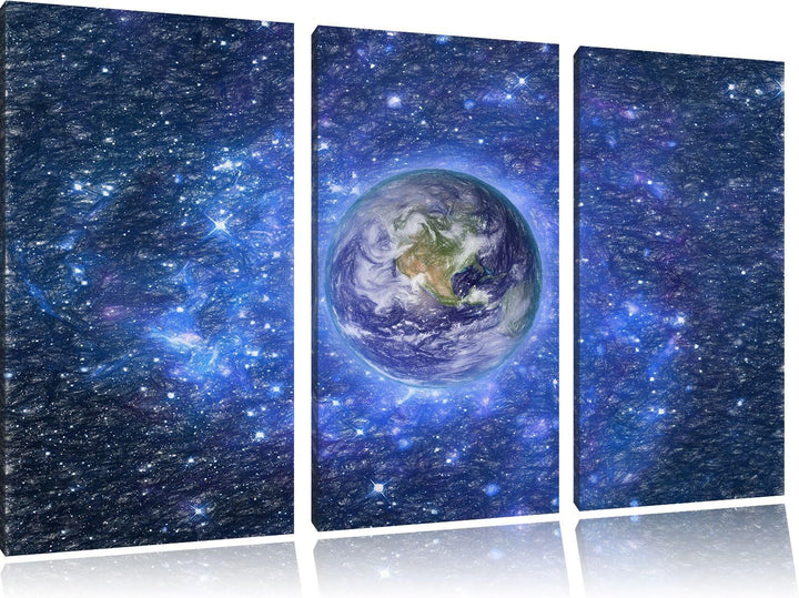 Pixxprint Planet Erde im Weltraum / 3-Teilig/Gesamtmass 120cm Leinwandbild bespannt auf Holzrahmen/W