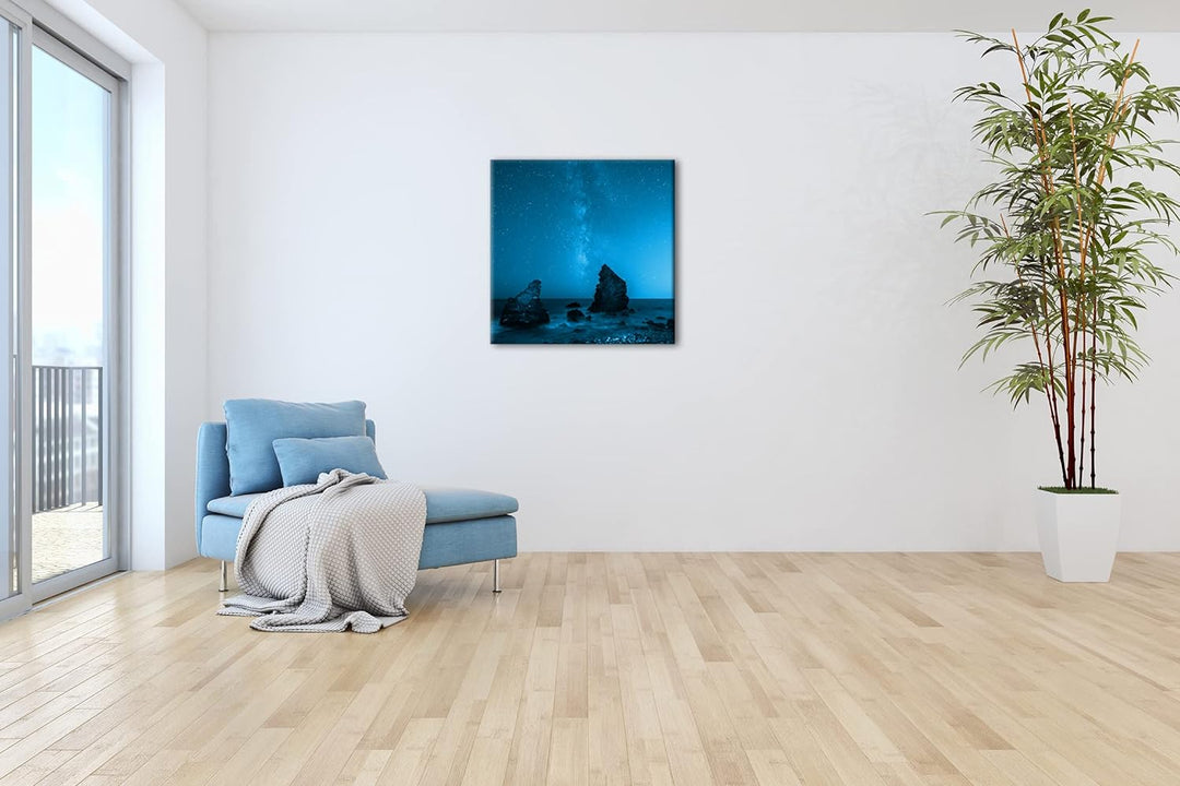 deyoli atemberaubender Sternenhimmel am Meer Format: 70x70 Effekt: Monocrome Blau als Leinwandbild,