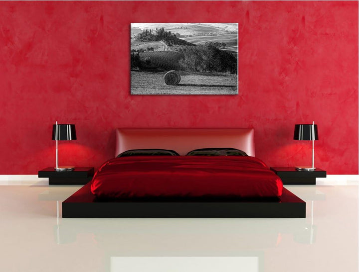 Heuballen in der Toskana Landschaft schwarz/weiss Format: 100x70 auf Leinwand, XXL riesige Bilder fe