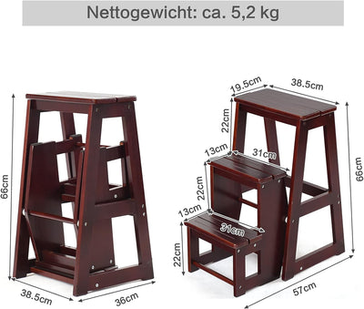 RELAX4LIFE Leiterstuhl 3 Stufen, Tritthocker Kiefernholz, Trittleiter zusammenklappbar, Trittstuhl,