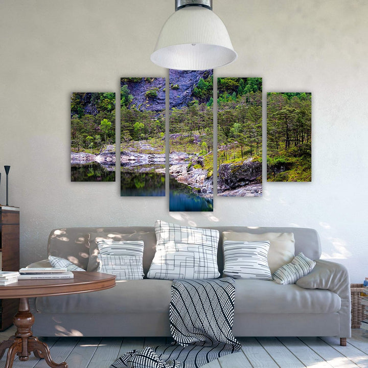 Feeby Bild auf Leinwand Landschaft 5 Teilig Modern Wasser Bäume Natur grün 150x100 cm Leinwandbild 1