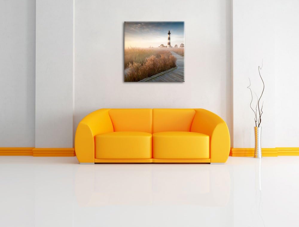 Leuchtturm im Nebel, Format: 70x70 auf Leinwand, XXL riesige Bilder fertig gerahmt mit Keilrahmen, K