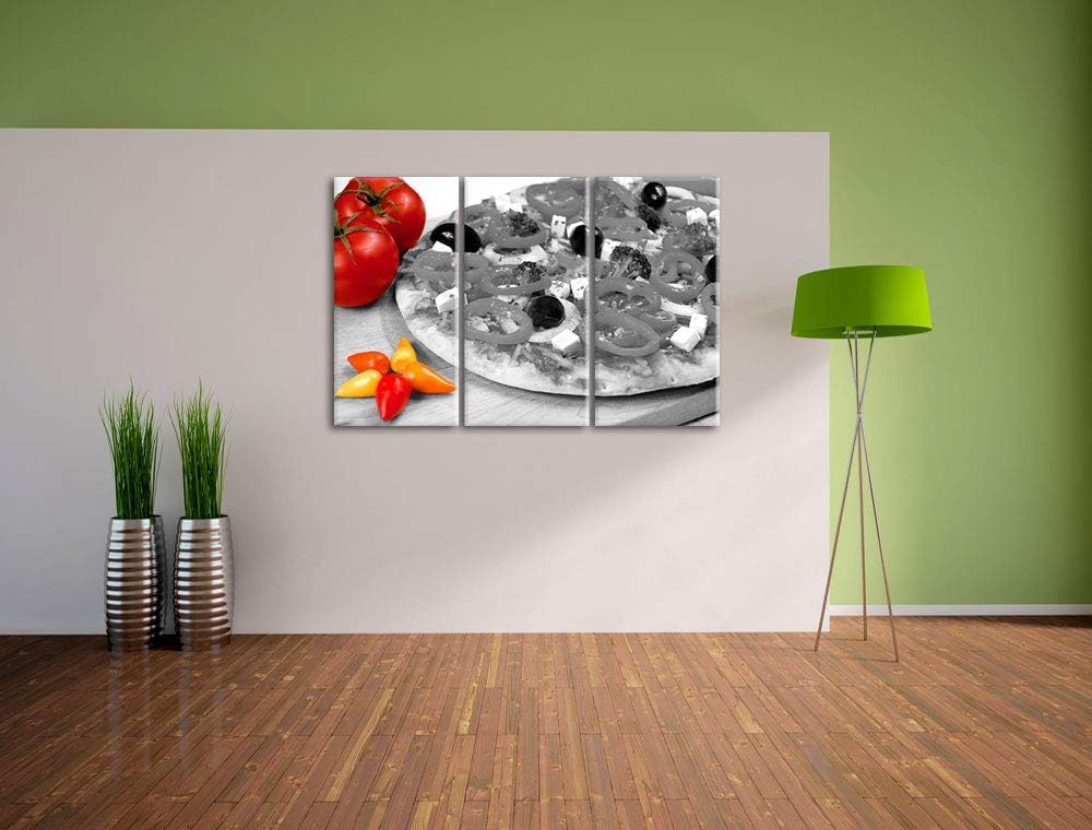 leckere Pizza mit Oliven und Hirtenkäse schwarz/weiss 3-Teiler Leinwandbild 120x80 Bild auf Leinwand