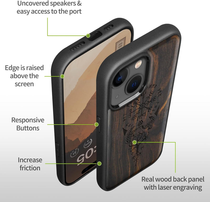 Carveit Holz Cover für iPhone 15 hülle, Kompatibel mit Magsafe Silikon Stossfeste Cover, Magnetisch