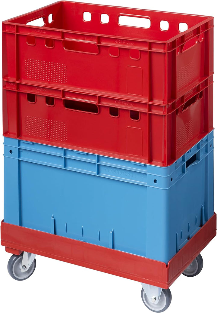 4 Stück Hygiene Transportroller für Kisten 60 x 40 cm mit 2 Bock- und 2 Lenkrollen in rot