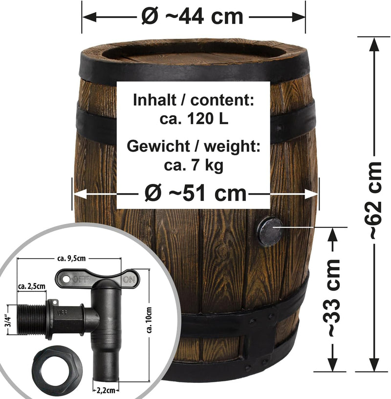 REGENTONNE REGENFASS WASSERFASS REGENWASSERBEHÄLTER REGENWASSERFASS GARTENFASS Eichenfass 120l Liter