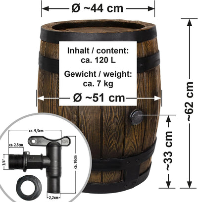 Regentonne Regenfass Wasserfass Regenwasserbehälter Regenwasserfass Gartenfass Eichenfass 120l, Eich