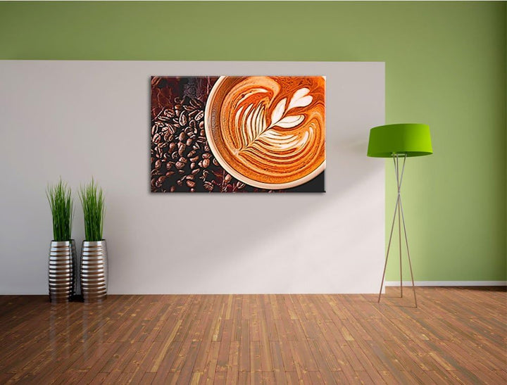 köstlicher Kaffee mit kunstvoller Schaumverzierung Format: 120x80 auf Leinwand, XXL riesige Bilder f