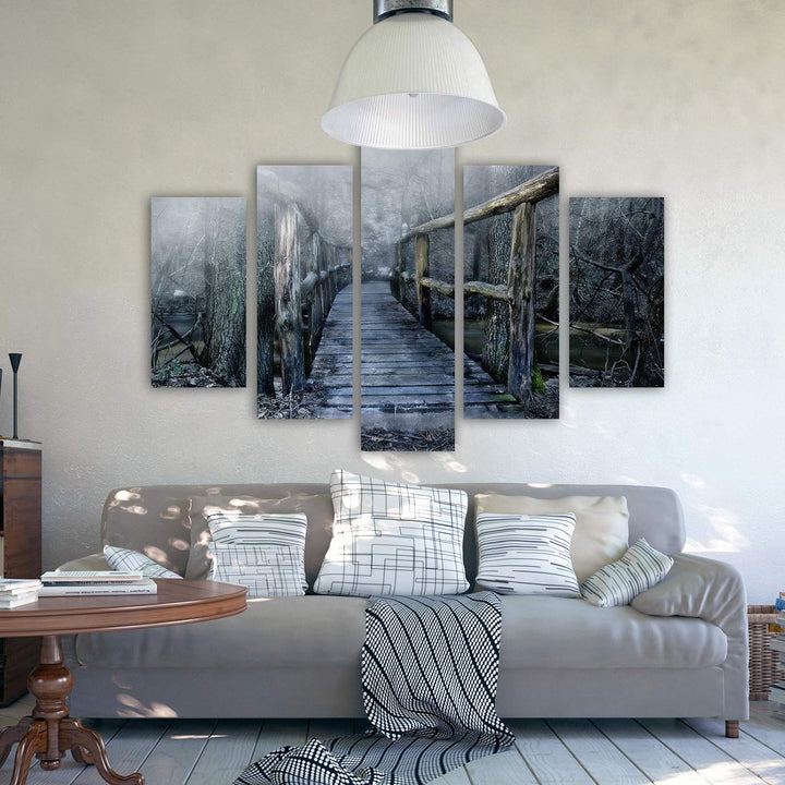 Feeby Wanddeko XXL Abstrakt Leinwandbild 5 Teilig Landschaft Brücke grau 100x70 cm Leinwandbild 100x