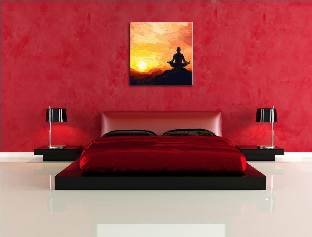 Pixxprint meditierender Mönch im Sonnenuntergang, Format: 70x70 auf Leinwand, 70x70