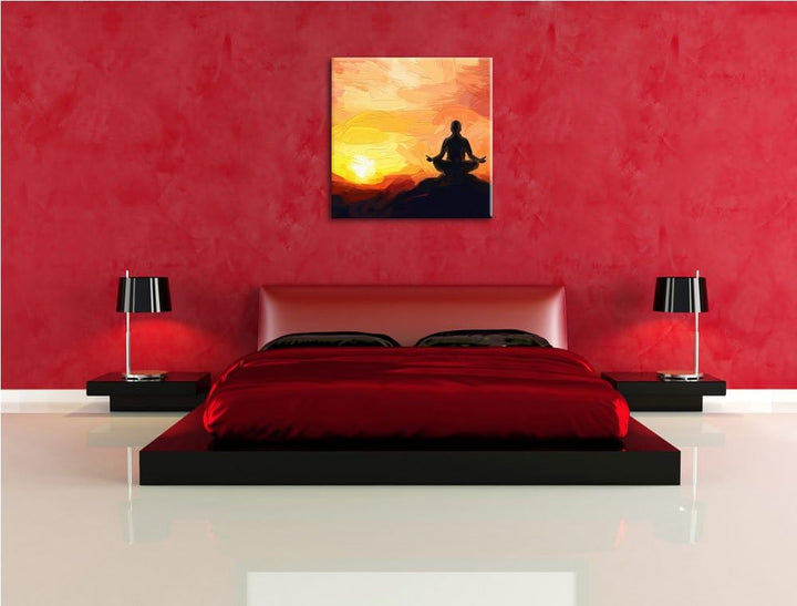 Pixxprint meditierender Mönch im Sonnenuntergang, Format: 70x70 auf Leinwand, 70x70