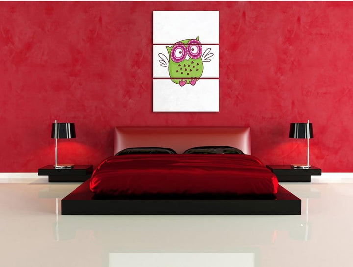 Pixxprint Lustige grüne Eule fliegend als Leinwandbild/Grösse: 3 Teilig (120x80) cm/Wandbild/Kunstdr