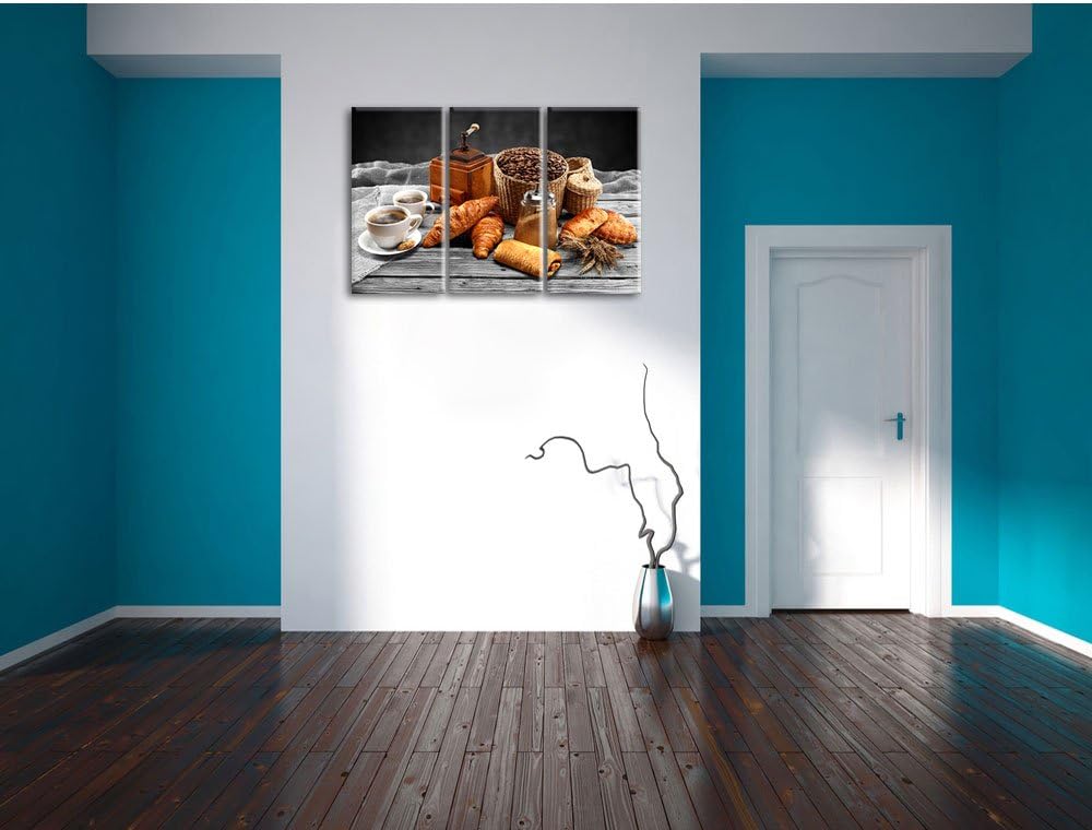 Pixxprint Aromatischer Kaffee mit Croissant Schwarz/Weiss 3-Teiler Leinwandbild 120x80 Bild auf Lein