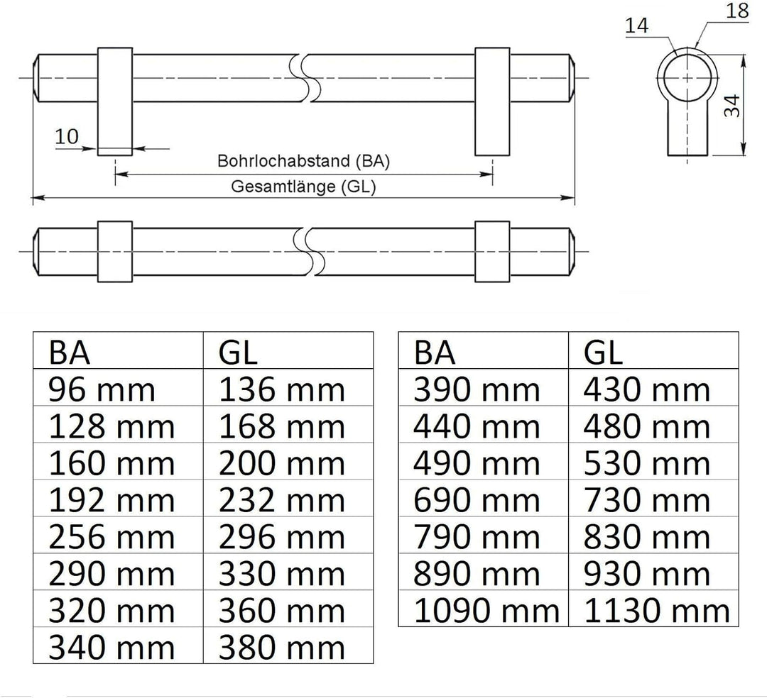 10 x SO-TECH® Relinggriff Schrankgriff G20 Edelstahloptik Ø 14 mm BA 128 mm (lieferbar 96 – 1090mm)
