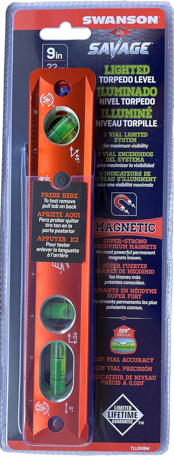 Swanson Tool Co TLL049M Savage Lightning Aluminum Torpedo Magnetic Illuminated Levels, 9", 3 Vials,