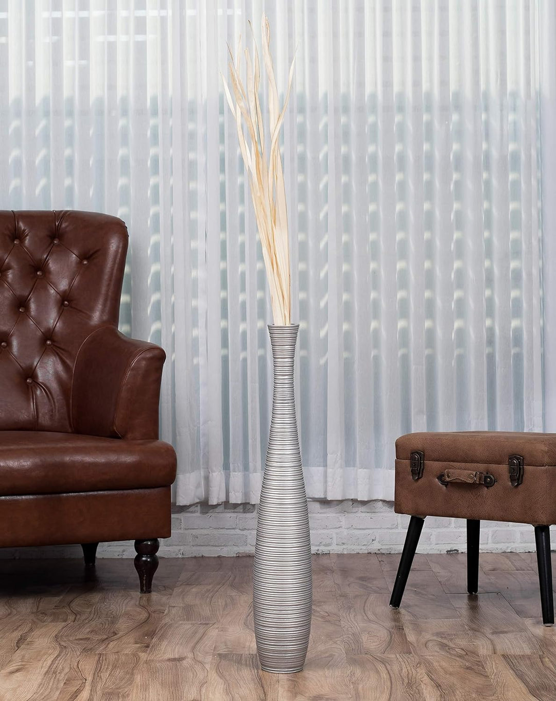 Leewadee Grosse Bodenvase für Dekozweige hohe Standvase Design Holzvase, Holz, 70 cm, Silber 70 cm S